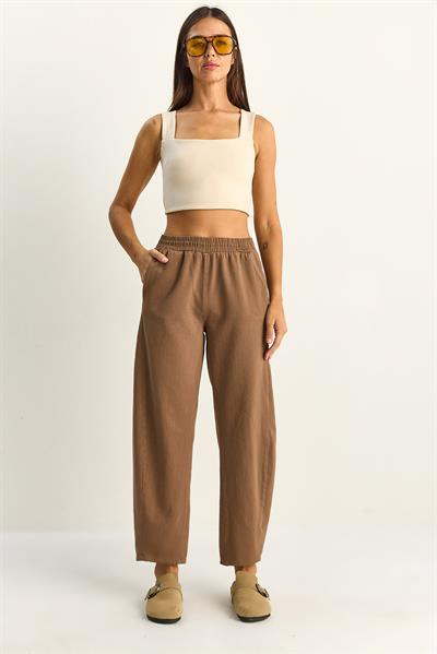 Kadın Beli Lastikli Cep Detaylı Havuç Kesim Keten Pantolon 7750 60286110 - Cappuccino