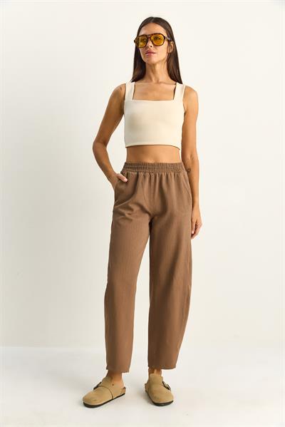 Kadın Beli Lastikli Cep Detaylı Havuç Kesim Keten Pantolon 7750 60286110 - Cappuccino