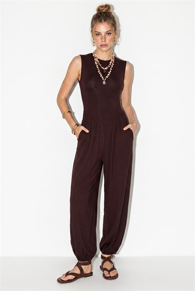 Kadın Beli Lastikli Cep Detaylı Rahat Sıfır Kol Şalvar Tulum 4144 60286427 - Acı Kahve