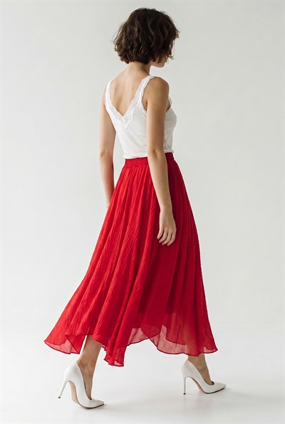 Kadın Beli Lastikli Crush Efektli Astarlı Volanlı Uzun Etek DE261022 60286318 - Kırmızı