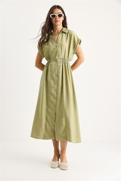 Kadın Beli Lastikli Crush Gömlek Elbise 7010 60283422 - Fıstık Yeşili