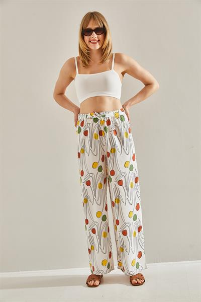 Kadın Beli Lastikli Desenli Keten Pantolon 60101056 - Ekru