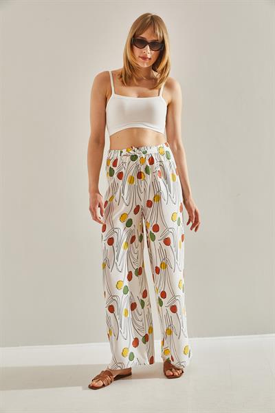 Kadın Beli Lastikli Desenli Keten Pantolon 60101056 - Ekru