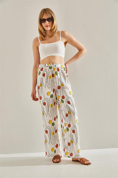 Kadın Beli Lastikli Desenli Keten Pantolon 60101056 - Ekru