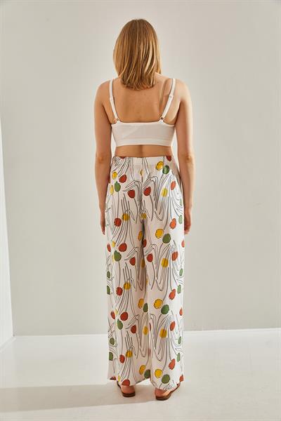 Kadın Beli Lastikli Desenli Keten Pantolon 60101056 - Ekru