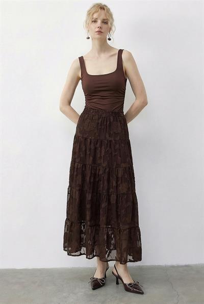 Kadın Beli Lastikli Kendinden Desenli Astarlı Midi Etek 355 60286035 - Acı Kahve