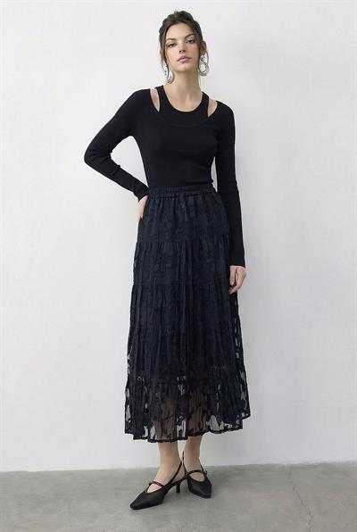 Kadın Beli Lastikli Kendinden Desenli Astarlı Midi Etek 355 60286035 - Siyah