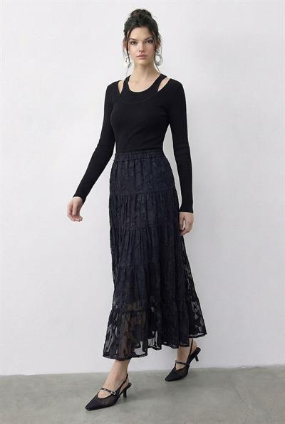 Kadın Beli Lastikli Kendinden Desenli Astarlı Midi Etek 355 60286035 - Siyah