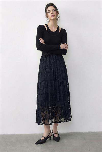 Kadın Beli Lastikli Kendinden Desenli Astarlı Midi Etek 355 60286035 - Siyah