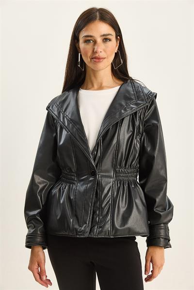 Kadın Beli Lastikli Kruvaze Suni Deri Ceket 2766 60281128 - Siyah