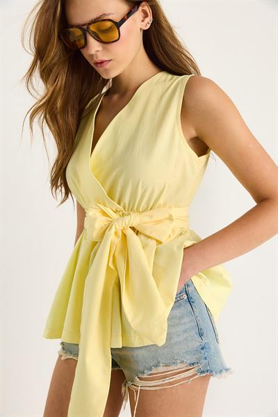 Kadın Beli Lastikli Kruvaze Yaka Kuşaklı Poplin Bluz 8048 60283486 - Sarı