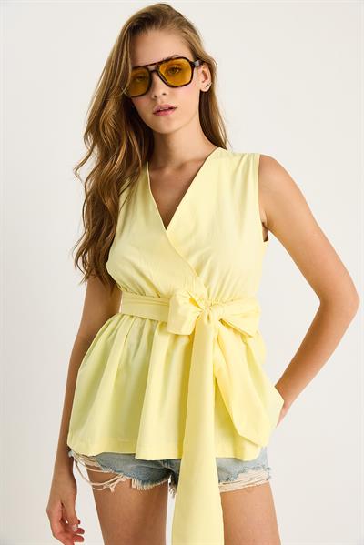 Kadın Beli Lastikli Kruvaze Yaka Kuşaklı Poplin Bluz 8048 60283486 - Sarı