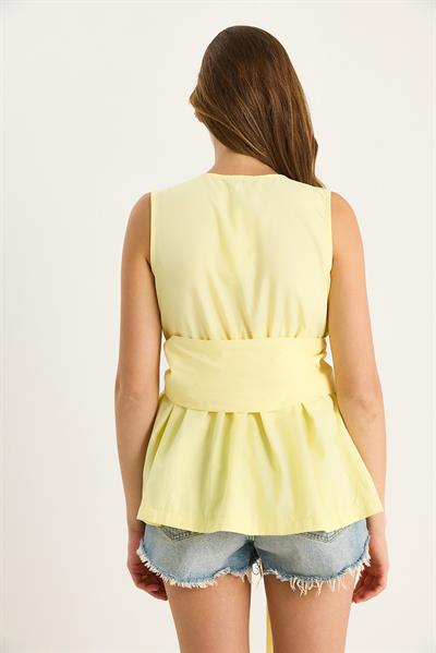 Kadın Beli Lastikli Kruvaze Yaka Kuşaklı Poplin Bluz 8048 60283486 - Sarı