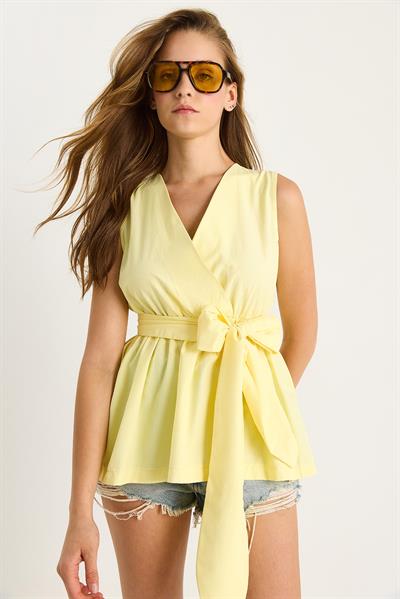 Kadın Beli Lastikli Kruvaze Yaka Kuşaklı Poplin Bluz 8048 60283486 - Sarı