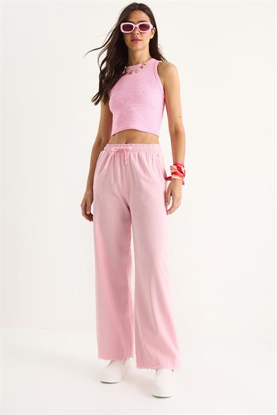 Kadın Beli Lastikli Paça Detaylı Palazzo Kalıp Pamuk Gabardin Yazlık Pantolon 60283323 - Toz Pembe