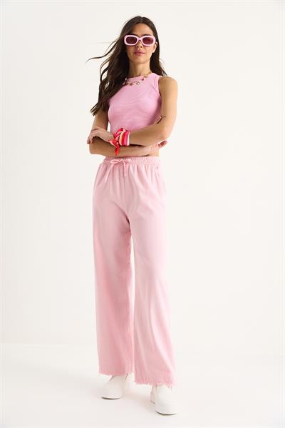 Kadın Beli Lastikli Paça Detaylı Palazzo Kalıp Pamuk Gabardin Yazlık Pantolon 60283323 - Toz Pembe