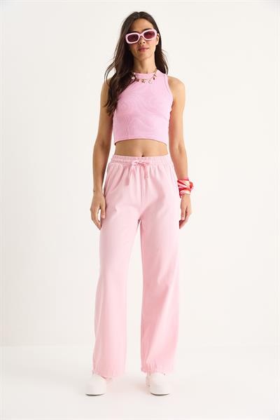 Kadın Beli Lastikli Paça Detaylı Palazzo Kalıp Pamuk Gabardin Yazlık Pantolon 60283323 - Toz Pembe