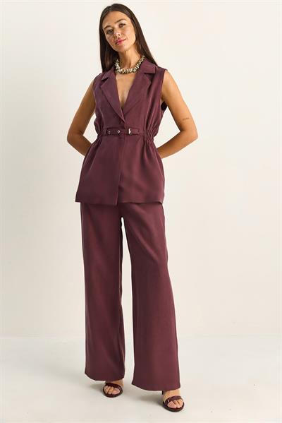 Kadın Beli Lastikli Toka Detaylı Astarlı Yelek Çift Pileli Bol Pantolon Modal Takım 9409 60286093 - Mürdüm