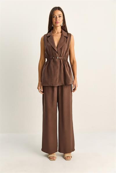 Kadın Beli Lastikli Toka Detaylı Astarlı Yelek Çift Pileli Bol Pantolon Modal Takım 9409 60286093 - Kahverengi