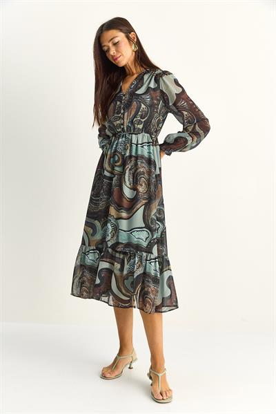 Kadın Beli Lastikli V Yaka Düğme Detaylı Astarlı Desenli Şifon Elbise 2137 60286158 - Haki