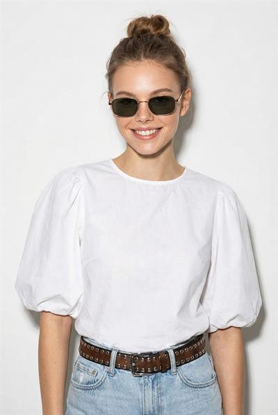 Kadın Bisiklet Yaka Balon Kol Sırt Dekolteli Bağlama Detaylı Bluz 60382603 - Beyaz