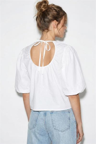Kadın Bisiklet Yaka Balon Kol Sırt Dekolteli Bağlama Detaylı Bluz 60382603 - Beyaz