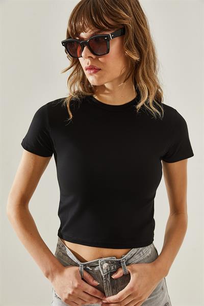 Kadın Bisiklet Yaka Basic Crop T-Shirt 60251338 - Siyah