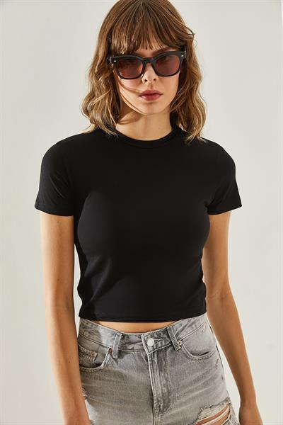 Kadın Bisiklet Yaka Basic Crop T-Shirt 60251338 - Siyah