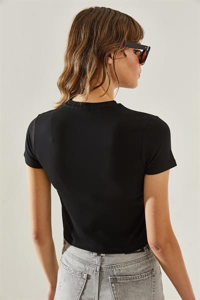 Kadın Bisiklet Yaka Basic Crop T-Shirt 60251338 - Siyah