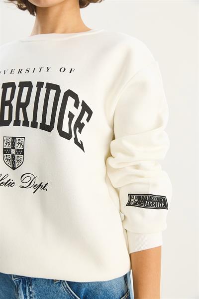 Kadın Bisiklet Yaka Baskılı Üç İplik Şardonlu Basic Sweatshirt 6067 60283619 - Beyaz