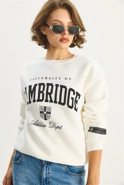 Kadın Bisiklet Yaka Baskılı Üç İplik Şardonlu Basic Sweatshirt 6067 60283619 - Beyaz