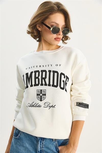 Kadın Bisiklet Yaka Baskılı Üç İplik Şardonlu Basic Sweatshirt 6067 60283619 - Beyaz
