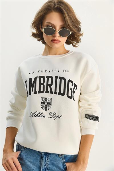 Kadın Bisiklet Yaka Baskılı Üç İplik Şardonlu Basic Sweatshirt 6067 60283619 - Beyaz