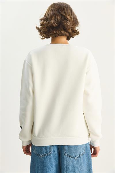 Kadın Bisiklet Yaka Baskılı Üç İplik Şardonlu Basic Sweatshirt 6067 60283619 - Beyaz