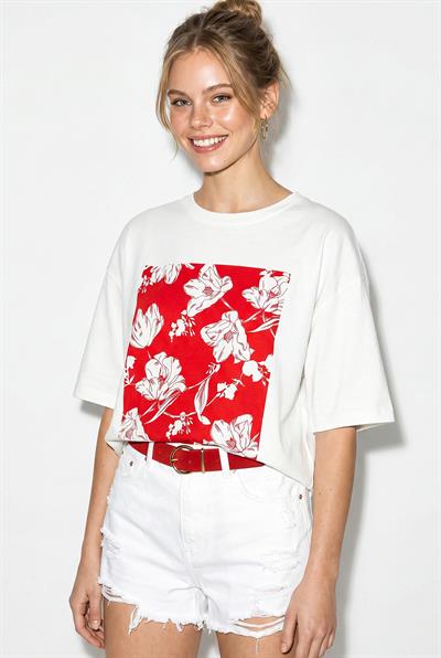 Kadın Bisiklet Yaka Çiçek Baskılı Oversize %100 Pamuklu T-Shirt ÖT100001 60286273 - Beyaz-Kırmızı