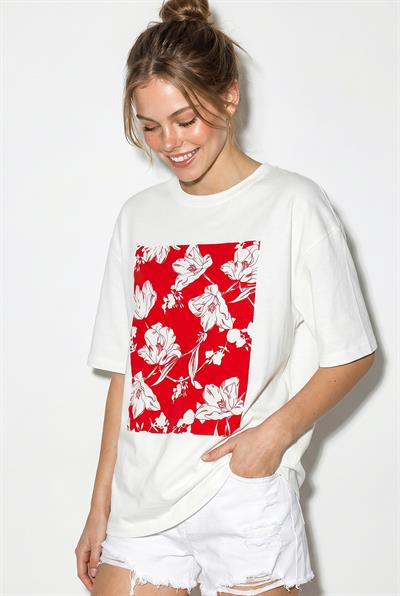 Kadın Bisiklet Yaka Çiçek Baskılı Oversize %100 Pamuklu T-Shirt ÖT100001 60286273 - Beyaz-Kırmızı