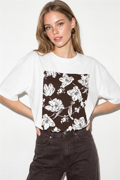 Kadın Bisiklet Yaka Çiçek Baskılı Oversize %100 Pamuklu T-Shirt ÖT100001 60286273 - Beyaz-Kahve