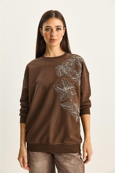 Kadın Bisiklet Yaka Çiçek Boncuk İşlemeli Relaxed Sweatshirt 1572 60283809 - Kahverengi