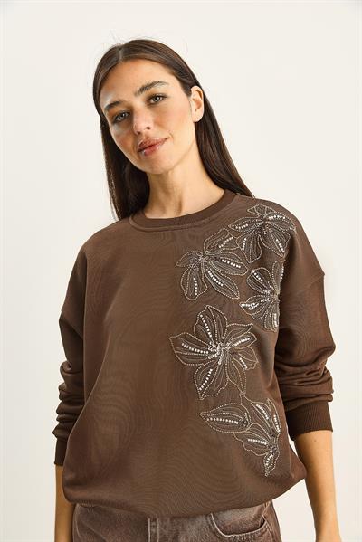 Kadın Bisiklet Yaka Çiçek Boncuk İşlemeli Relaxed Sweatshirt 1572 60283809 - Kahverengi