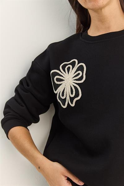 Kadın Bisiklet Yaka Çiçek Nakışlı Üç İplik Şardonlu Sweatshirt 60601045 - Siyah