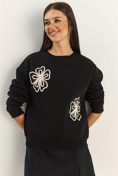 Kadın Bisiklet Yaka Çiçek Nakışlı Üç İplik Şardonlu Sweatshirt 60601045 - Siyah