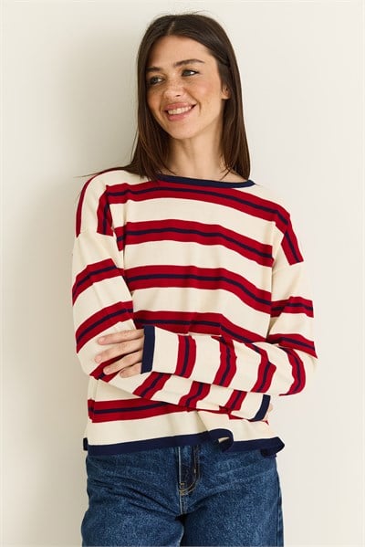 Kadın Bisiklet Yaka Çizgili Oversize İnce Triko Bluz 0543 60286536 - Bej-Kırmızı