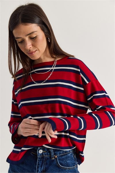 Kadın Bisiklet Yaka Çizgili Oversize İnce Triko Bluz 0543 60286536 - Kırmızı-Lacivert