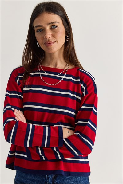Kadın Bisiklet Yaka Çizgili Oversize İnce Triko Bluz 0543 60286536 - Kırmızı-Lacivert