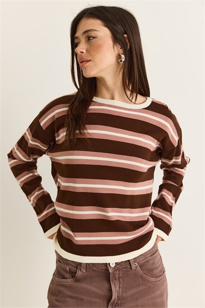 Kadın Bisiklet Yaka Çizgili Oversize İnce Triko Bluz 0543 60286536 - Kahverengi-Krem