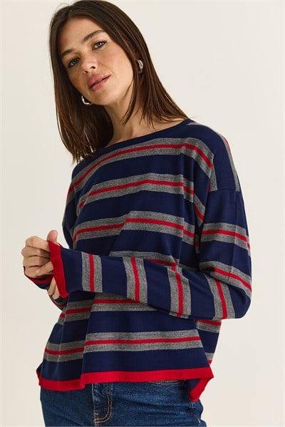 Kadın Bisiklet Yaka Çizgili Oversize İnce Triko Bluz 0543 60286536 - Lacivert-Kırmızı