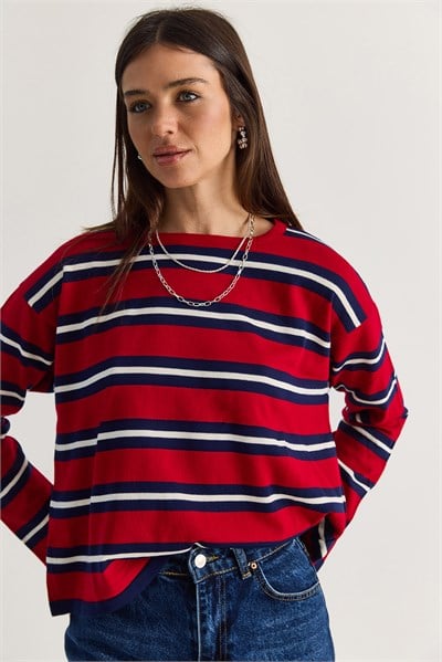 Kadın Bisiklet Yaka Çizgili Oversize İnce Triko Bluz 0543 60286536 - Kırmızı-Lacivert