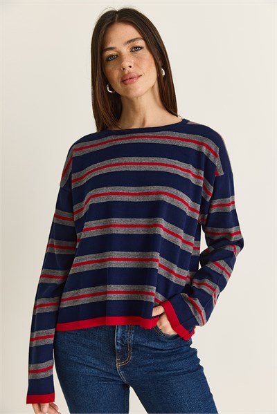 Kadın Bisiklet Yaka Çizgili Oversize İnce Triko Bluz 0543 60286536 - Lacivert-Kırmızı