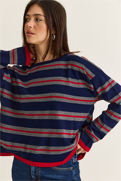 Kadın Bisiklet Yaka Çizgili Oversize İnce Triko Bluz 0543 60286536 - Lacivert-Kırmızı