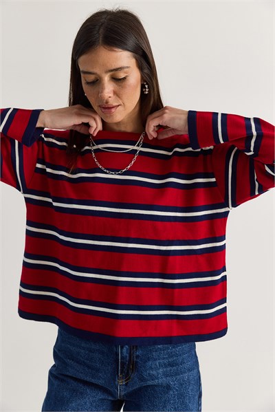 Kadın Bisiklet Yaka Çizgili Oversize İnce Triko Bluz 0543 60286536 - Kırmızı-Lacivert